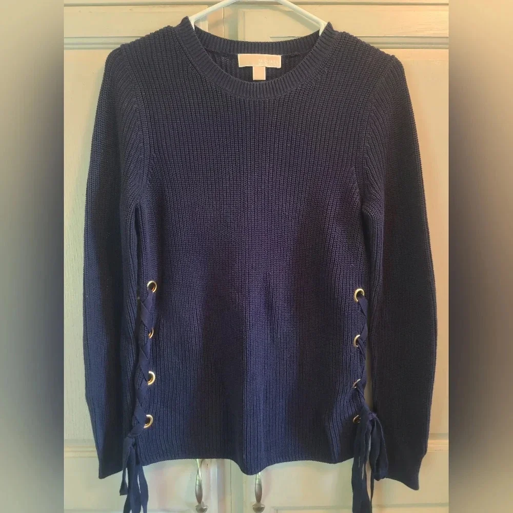 Michael Kors Blue Chunky Rib Knit Side Tie Long Sleeve Sweater